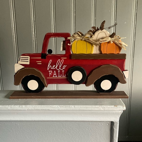 NWT Large- Hello Fall- Red Wooden Farmtruck with 3 Pumpkins Decoration w/ Base - Picture 10 of 17